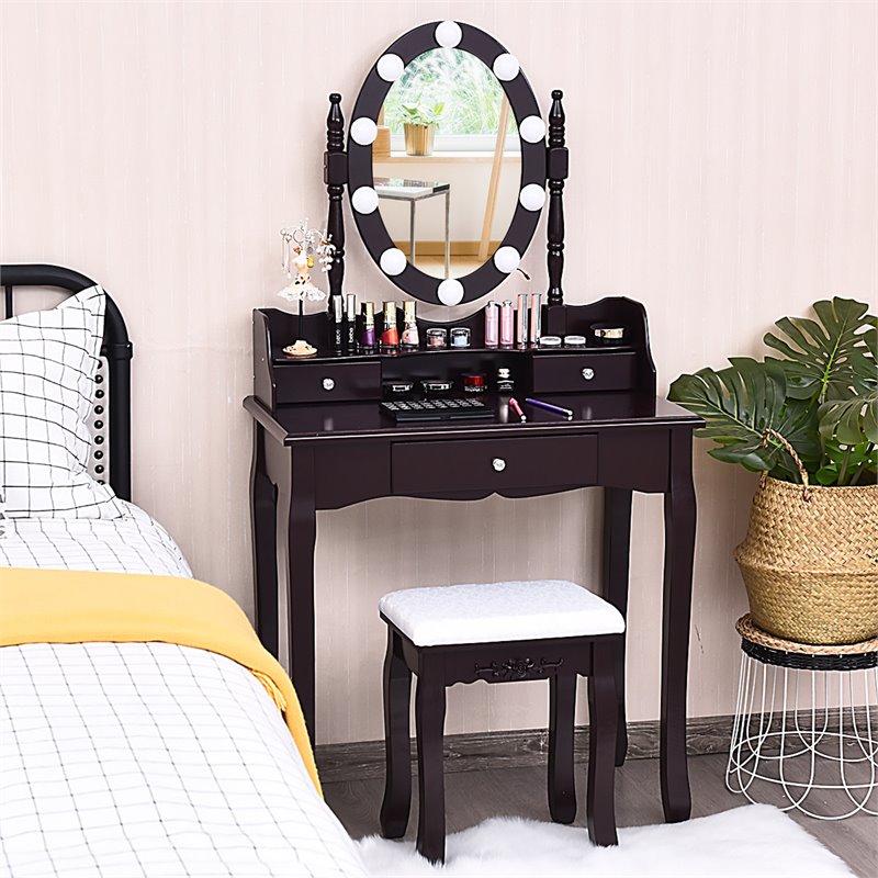 Pemberly Row MDF Vanity Dressing Table Set with 2 Side Drawers in Brown