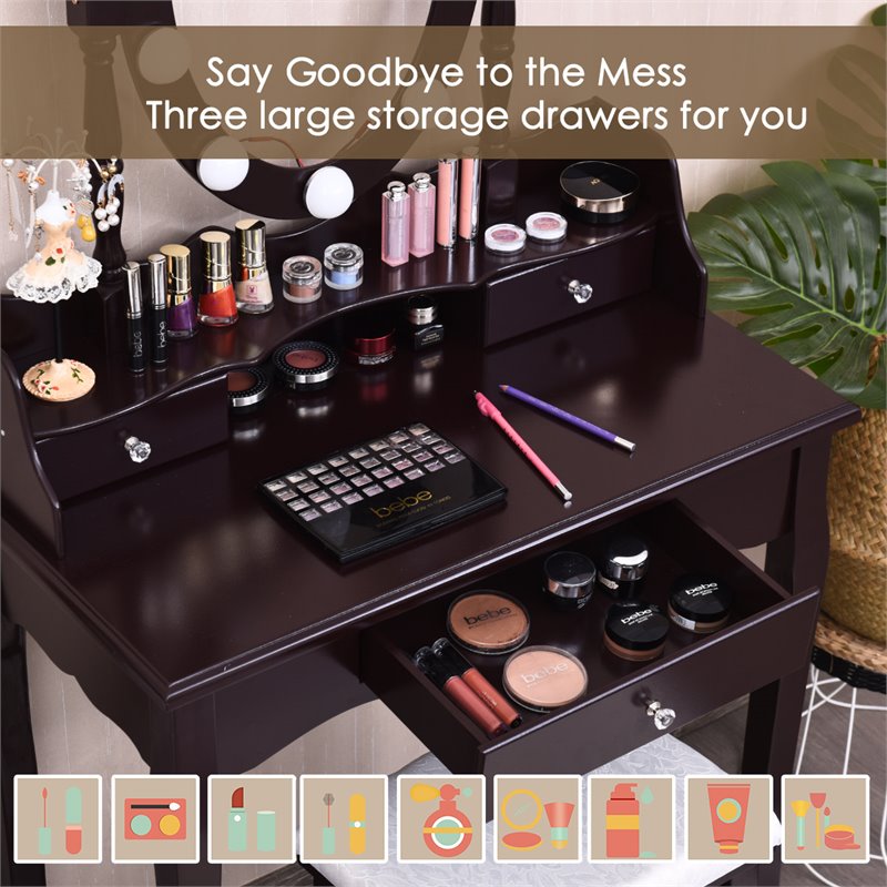 Pemberly Row MDF Vanity Dressing Table Set with 2 Side Drawers in Brown