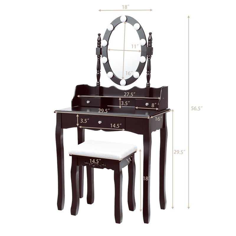 Pemberly Row MDF Vanity Dressing Table Set with 2 Side Drawers in Brown