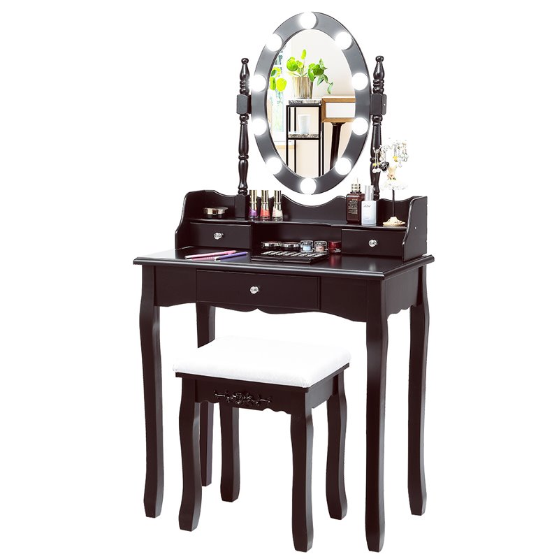 Pemberly Row MDF Vanity Dressing Table Set with 2 Side Drawers in Brown