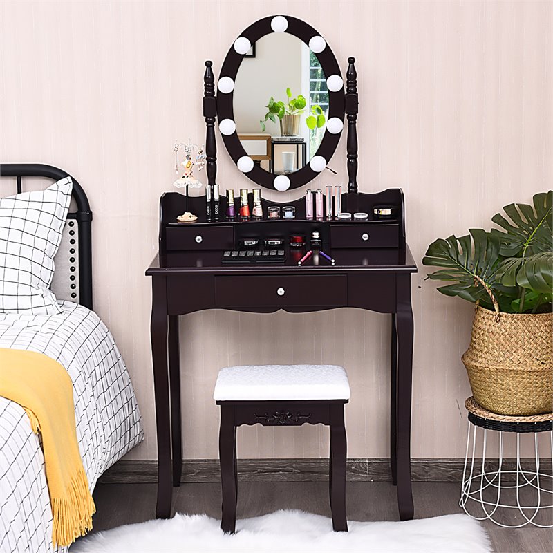 Pemberly Row MDF Vanity Dressing Table Set with 2 Side Drawers in Brown