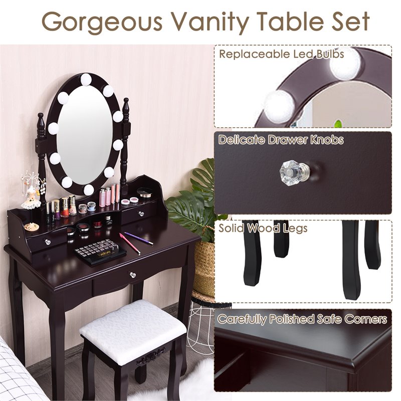 Pemberly Row MDF Vanity Dressing Table Set with 2 Side Drawers in Brown