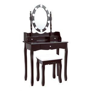 Pemberly Row MDF Vanity Dressing Table Set with 2 Side Drawers in Brown