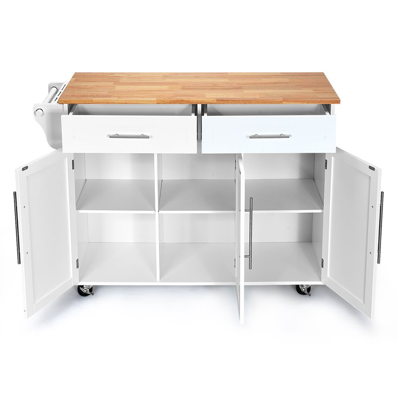 Pemberly Row MDF & Rubber Wood White Kitchen Island Trolley Cart w/ Knife Block