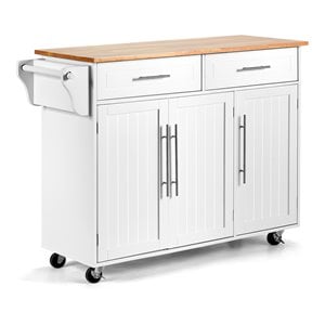 Pemberly Row MDF & Rubber Wood White Kitchen Island Trolley Cart w/ Knife Block