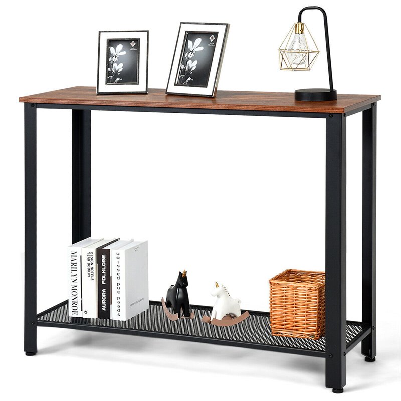 Pemberly Row Wood and Iron Console Sofa Table with Storage Shelf in Black