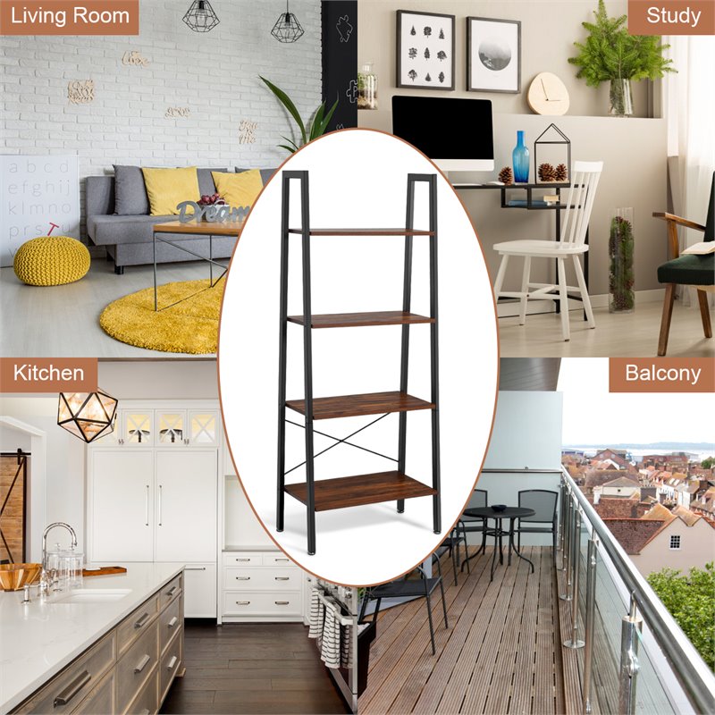 Pemberly Row 4-Tier Wood and Metal Ladder Bookcase in Brown and Black