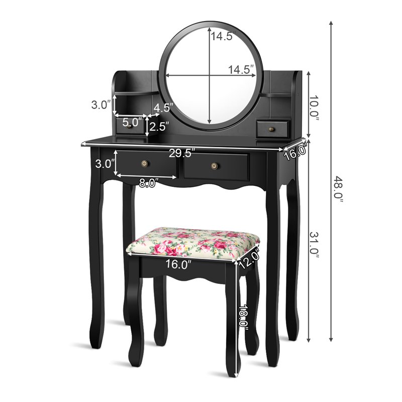 Pemberly Row MDF and Wood Makeup Vanity Set with Oval Mirror in Black