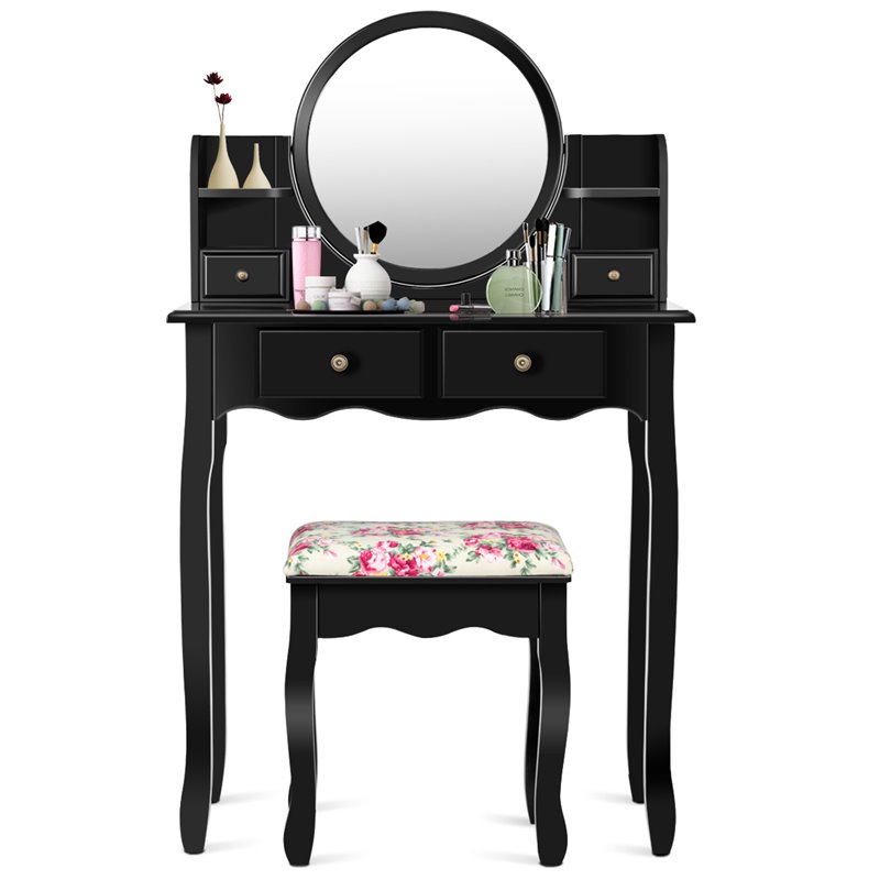 Pemberly Row MDF and Wood Makeup Vanity Set with Oval Mirror in Black