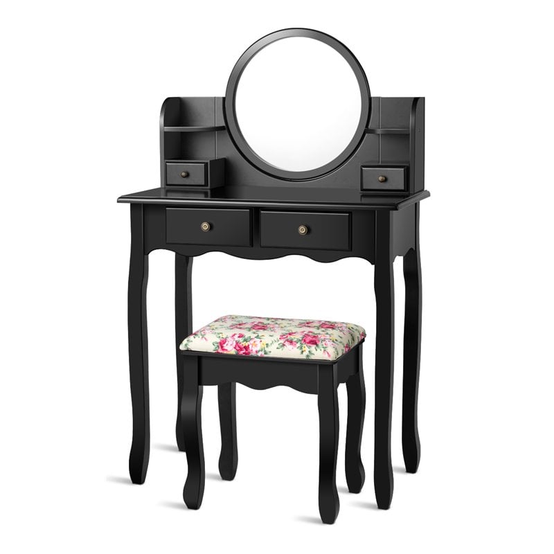 Pemberly Row MDF and Wood Makeup Vanity Set with Oval Mirror in Black