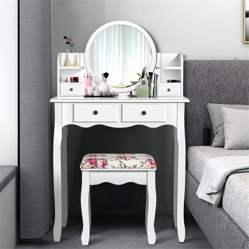 Pemberly Row MDF and Wood Makeup Vanity Set with Oval Mirror in White