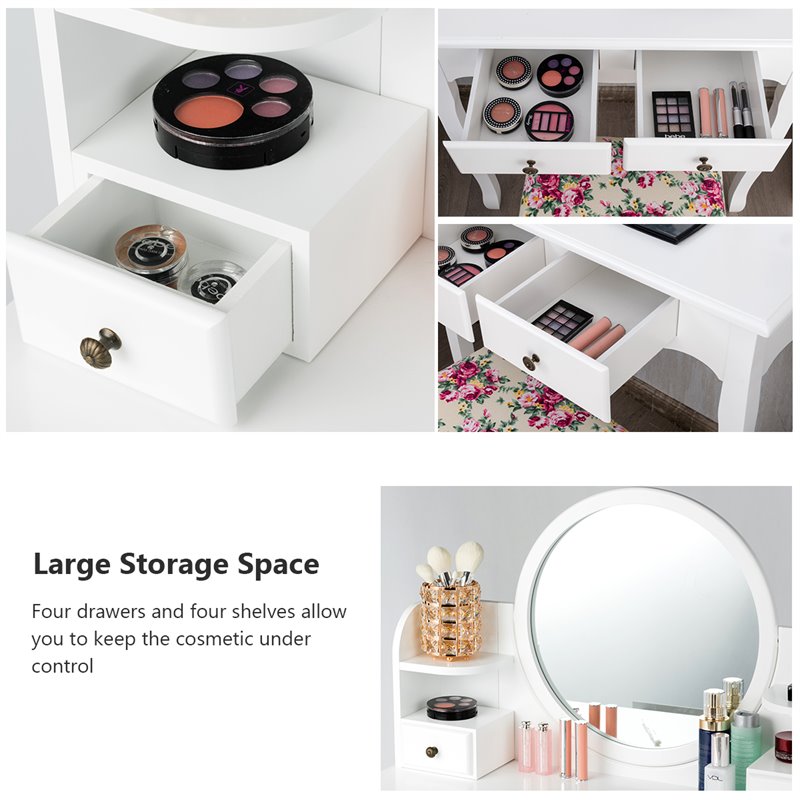 Pemberly Row MDF and Wood Makeup Vanity Set with Oval Mirror in White