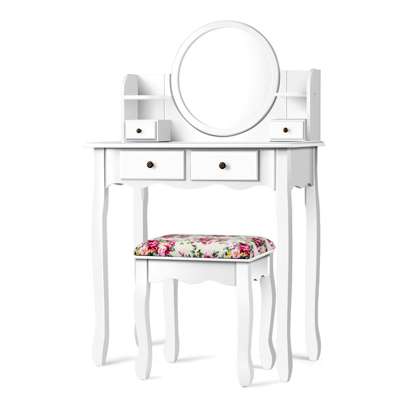 Pemberly Row MDF and Wood Makeup Vanity Set with Oval Mirror in White