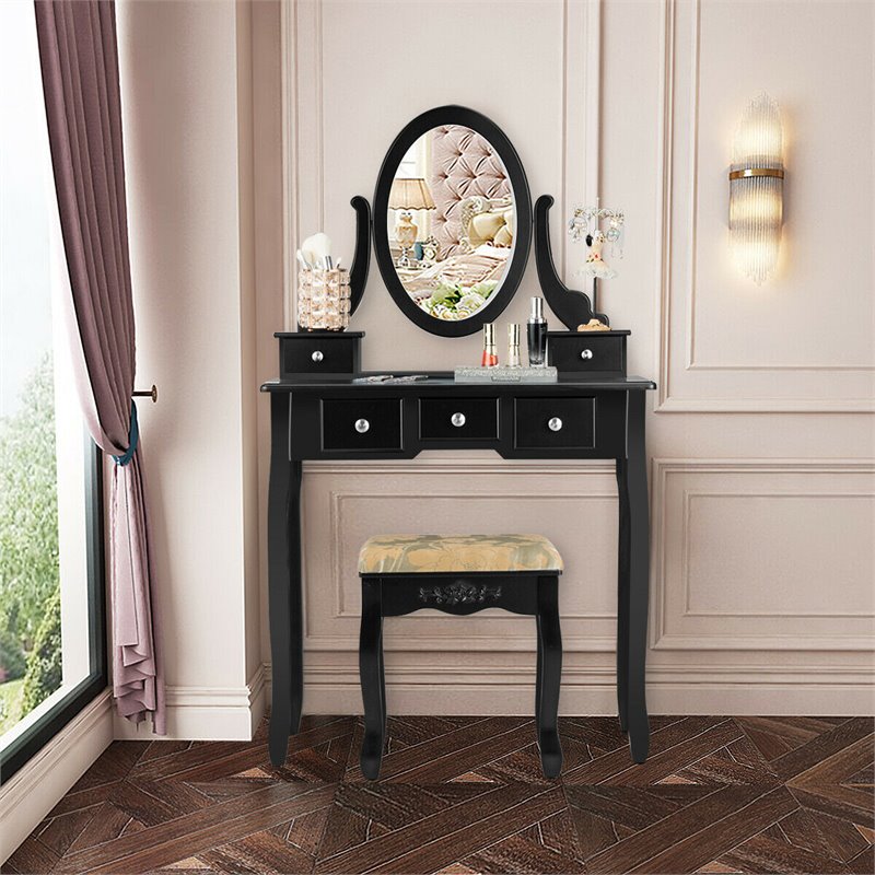 Pemberly Row MDF & Wood Vanity Dressing Table Set w/ Stool & Oval Mirror - Black