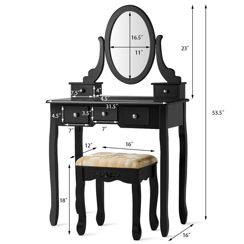 Pemberly Row MDF & Wood Vanity Dressing Table Set w/ Stool & Oval Mirror - Black