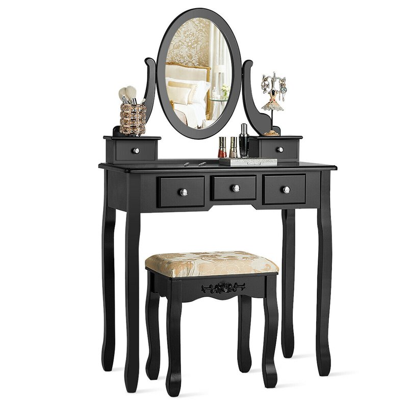 Pemberly Row MDF & Wood Vanity Dressing Table Set w/ Stool & Oval Mirror - Black