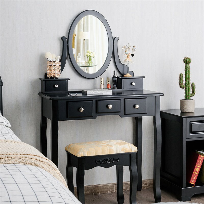 Pemberly Row MDF & Wood Vanity Dressing Table Set w/ Stool & Oval Mirror - Black