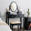 Pemberly Row MDF & Wood Vanity Dressing Table Set w/ Stool & Oval Mirror - Black