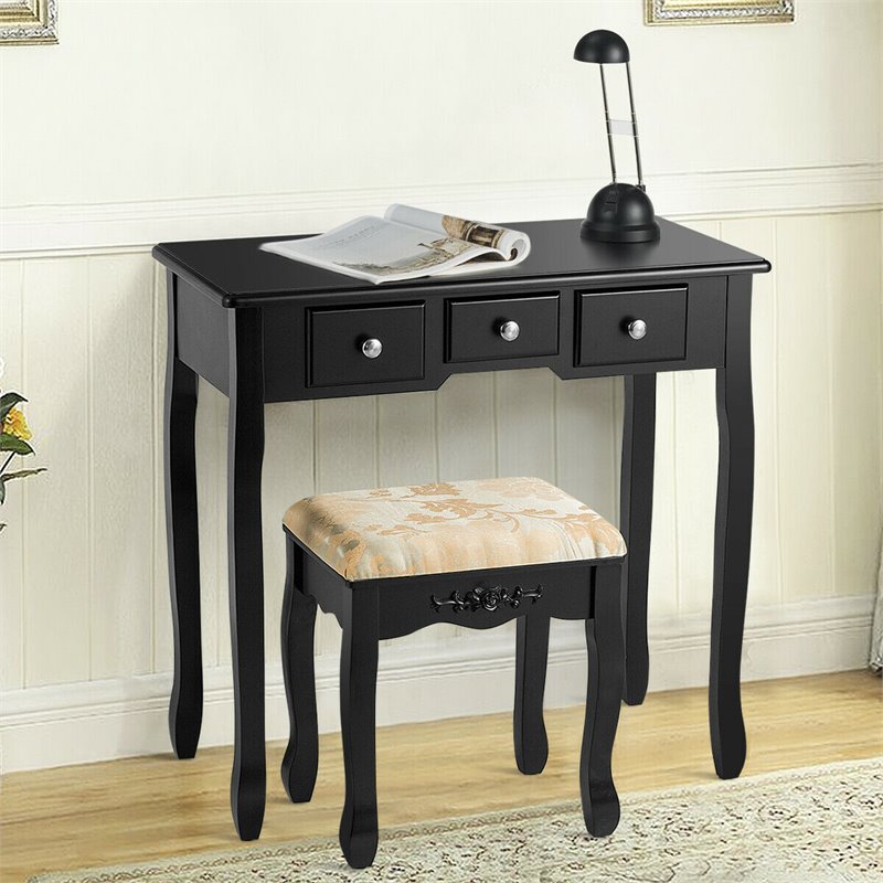 Pemberly Row MDF & Wood Vanity Dressing Table Set w/ Stool & Oval Mirror - Black