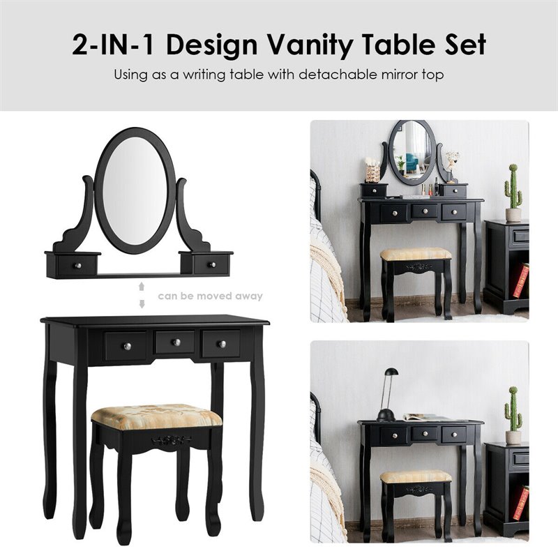 Pemberly Row MDF & Wood Vanity Dressing Table Set w/ Stool & Oval Mirror - Black