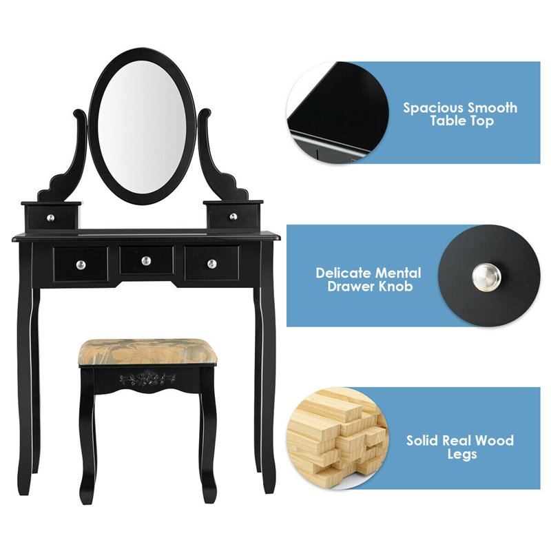 Pemberly Row MDF & Wood Vanity Dressing Table Set w/ Stool & Oval Mirror - Black