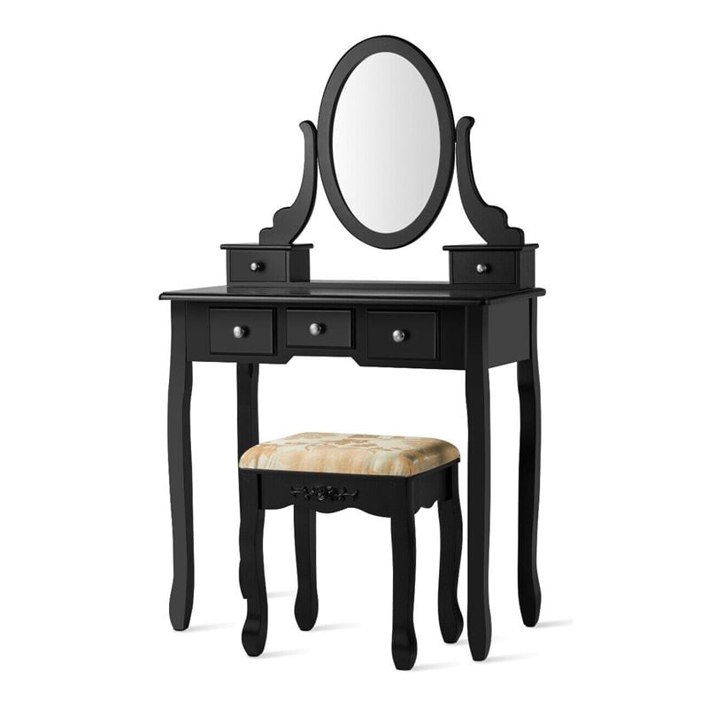 Pemberly Row MDF & Wood Vanity Dressing Table Set w/ Stool & Oval Mirror - Black
