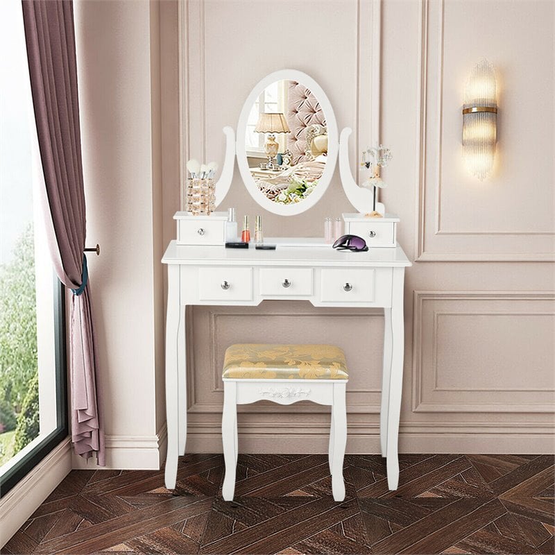 Pemberly Row MDF & Wood Vanity Dressing Table Set w/ Stool & Oval Mirror - White