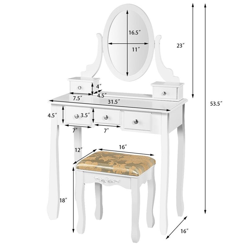 Pemberly Row MDF & Wood Vanity Dressing Table Set w/ Stool & Oval Mirror - White
