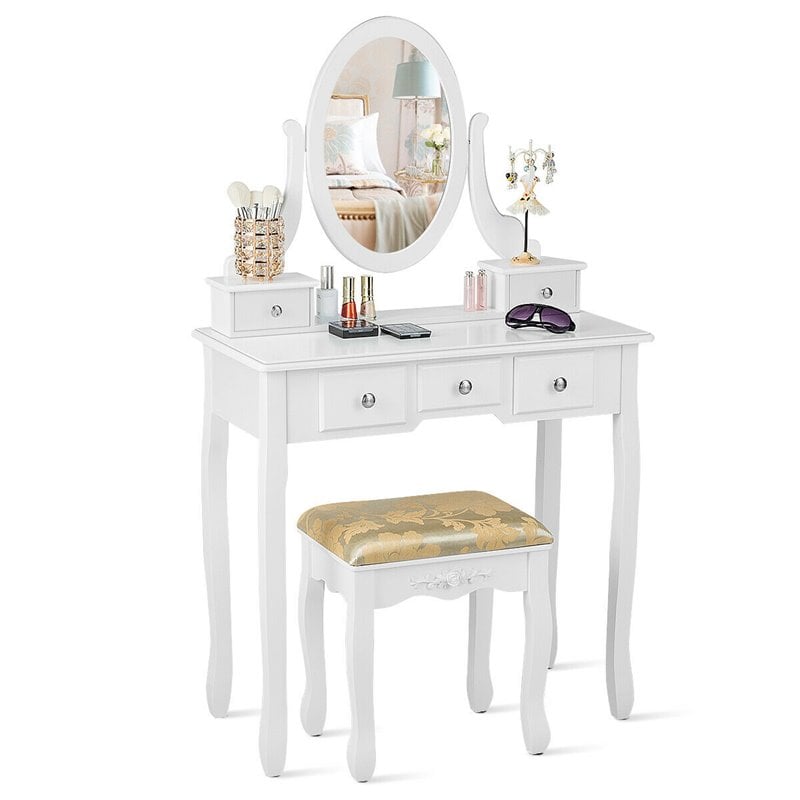 Pemberly Row MDF & Wood Vanity Dressing Table Set w/ Stool & Oval Mirror - White