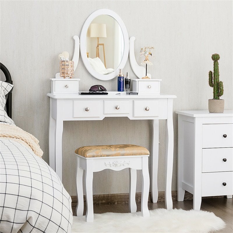 Pemberly Row MDF & Wood Vanity Dressing Table Set w/ Stool & Oval Mirror - White