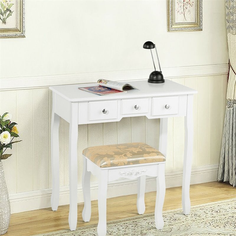 Pemberly Row MDF & Wood Vanity Dressing Table Set w/ Stool & Oval Mirror - White