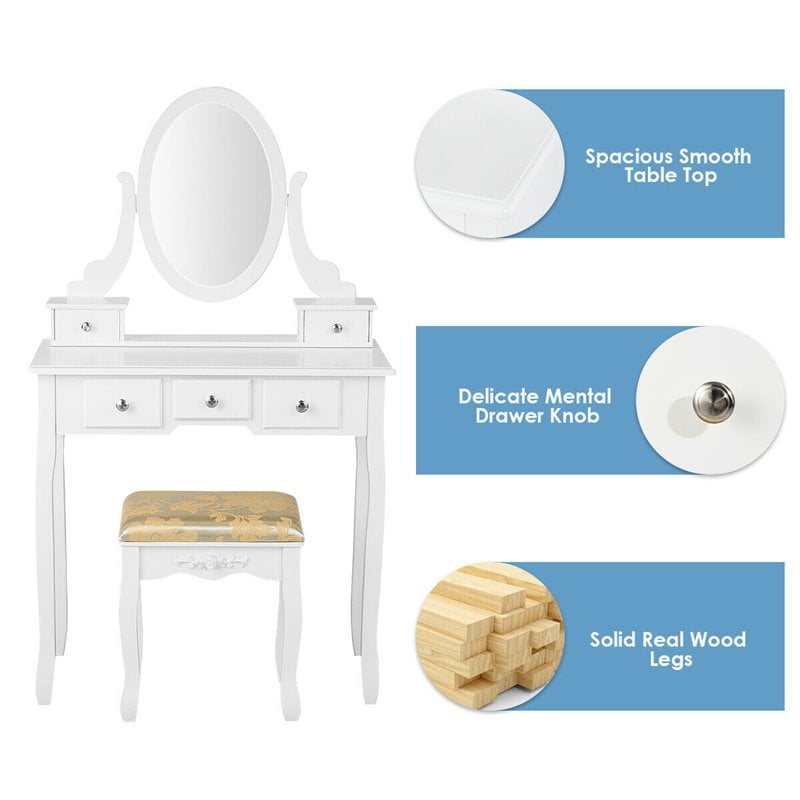 Pemberly Row MDF & Wood Vanity Dressing Table Set w/ Stool & Oval Mirror - White