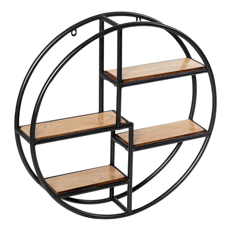 Pemberly Row Round Wood and Iron Wall-mounted Storage Shelf in Black
