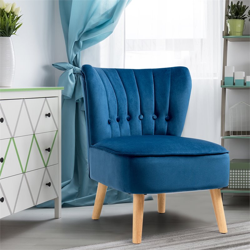 Pemberly Row Rubber Wood & Tufted Velvet Armless Leisure Chair in Blue
