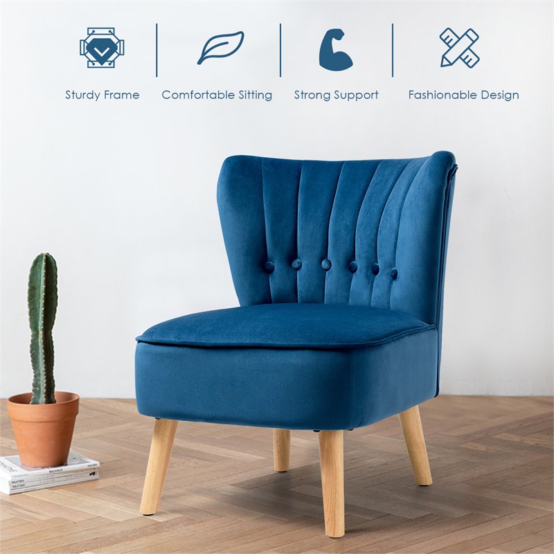 Pemberly Row Rubber Wood & Tufted Velvet Armless Leisure Chair in Blue