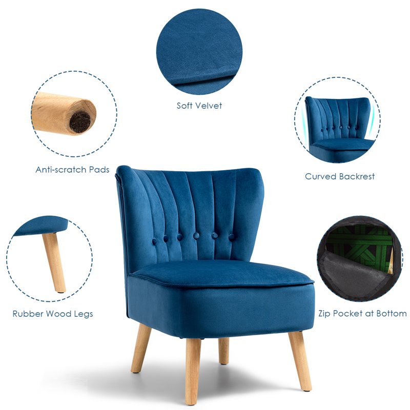 Pemberly Row Rubber Wood & Tufted Velvet Armless Leisure Chair in Blue