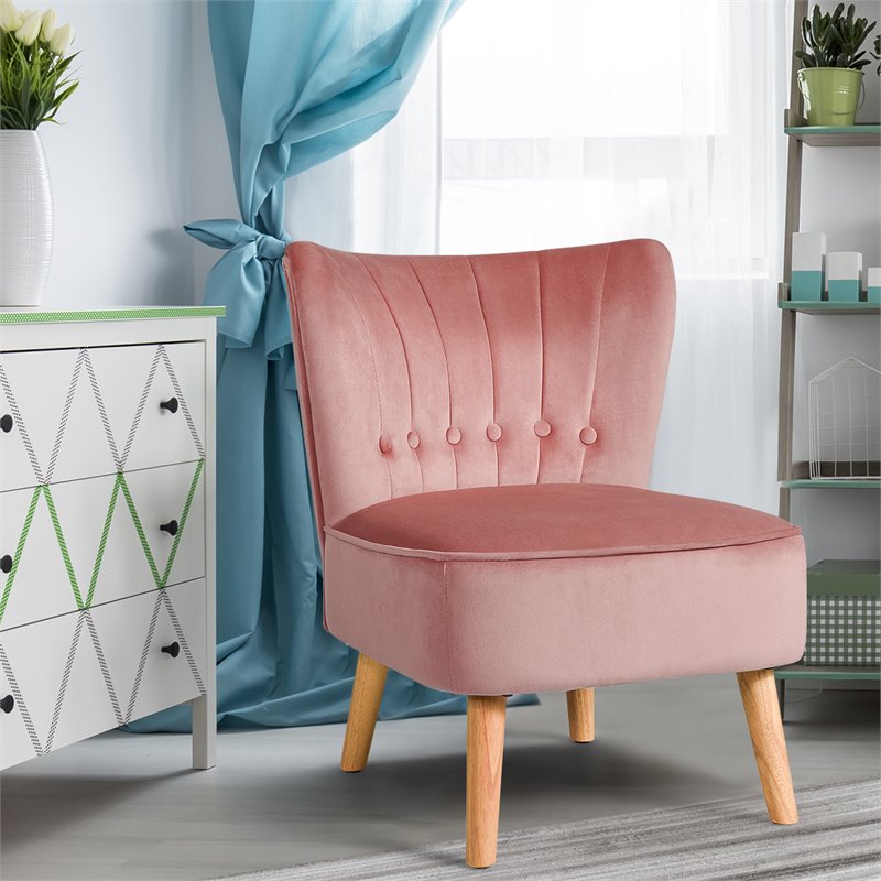 Pemberly Row Rubber Wood & Tufted Velvet Armless Leisure Chair in Pink