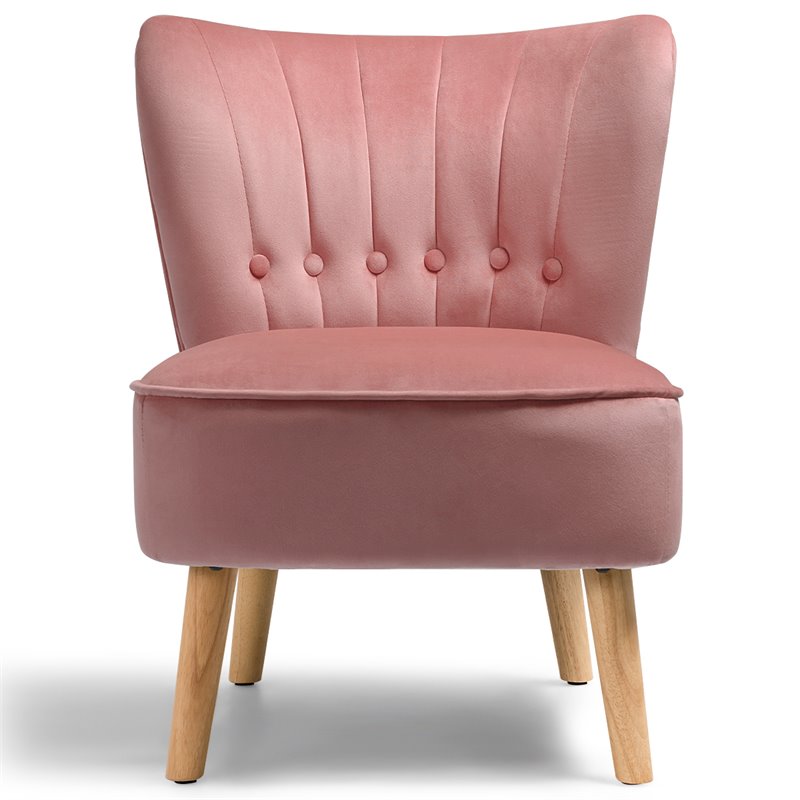 Pemberly Row Rubber Wood & Tufted Velvet Armless Leisure Chair in Pink