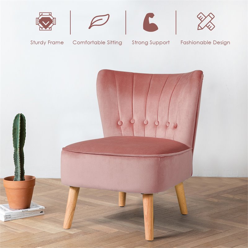 Pemberly Row Rubber Wood & Tufted Velvet Armless Leisure Chair in Pink