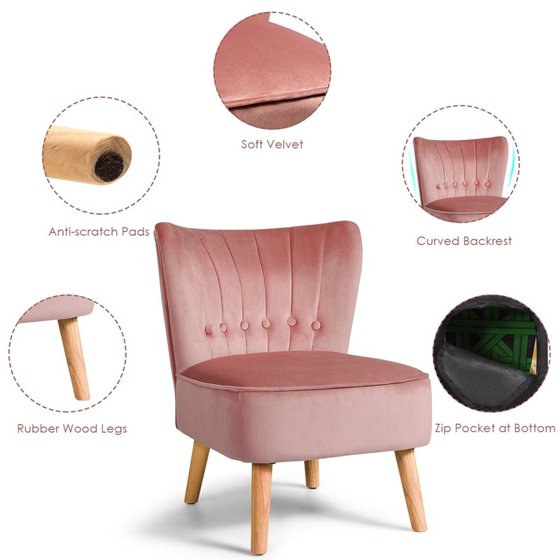 Pemberly Row Rubber Wood & Tufted Velvet Armless Leisure Chair in Pink
