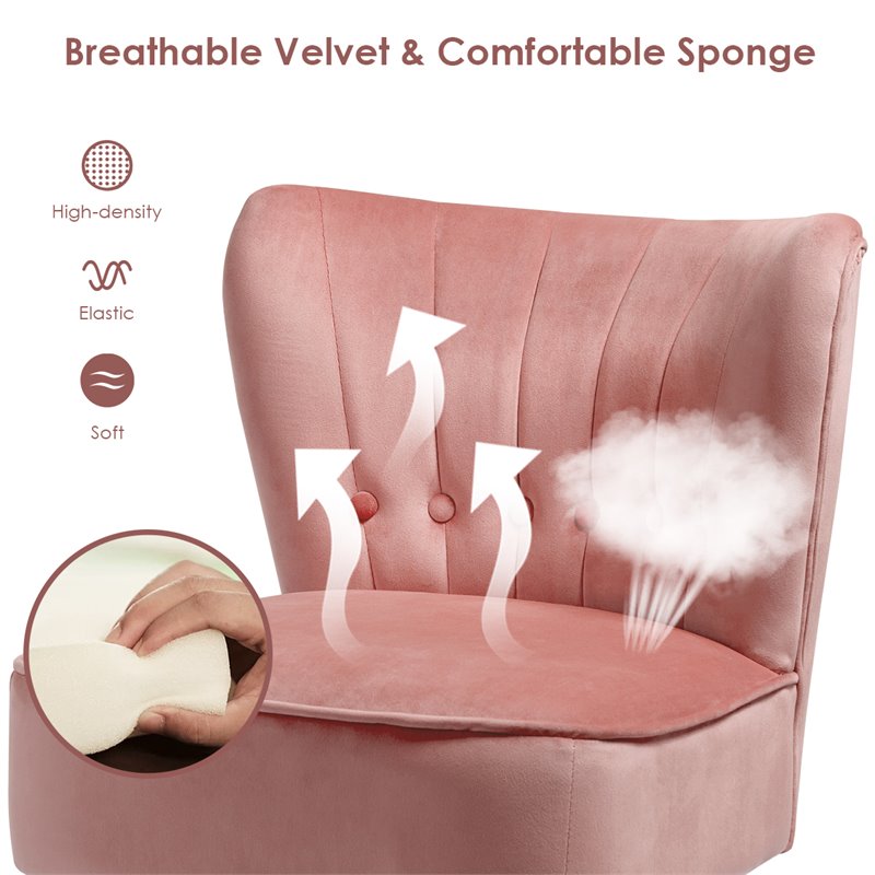 Pemberly Row Rubber Wood & Tufted Velvet Armless Leisure Chair in Pink