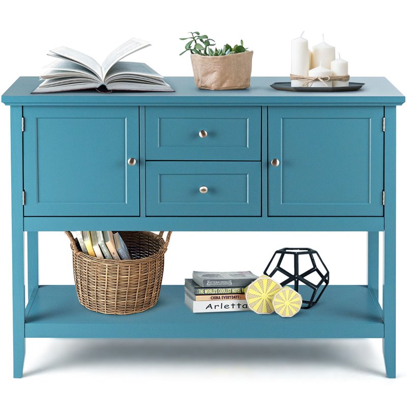 Pemberly Row MDF and Pine Wood Sideboard with Drawers & Storage Cabinets in Blue