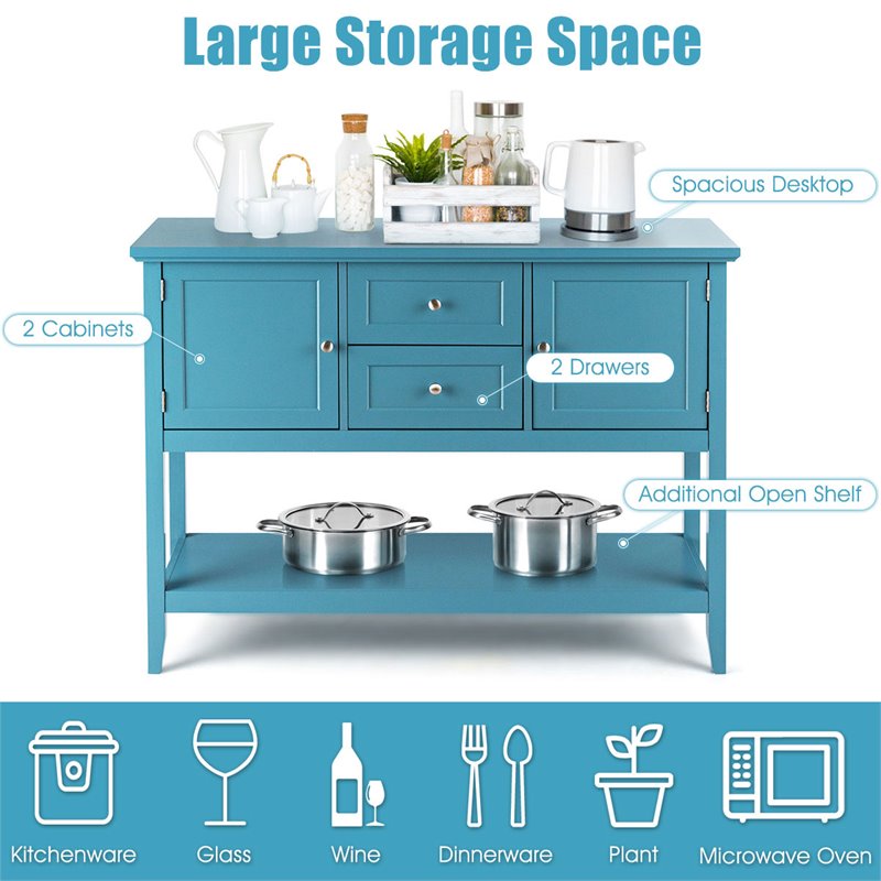 Pemberly Row MDF and Pine Wood Sideboard with Drawers & Storage Cabinets in Blue