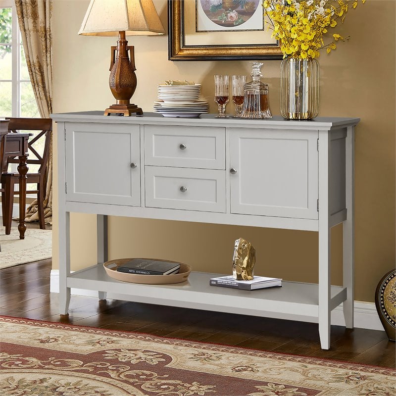 Pemberly Row MDF and Pine Wood Sideboard with Drawers & Storage Cabinets in Gray