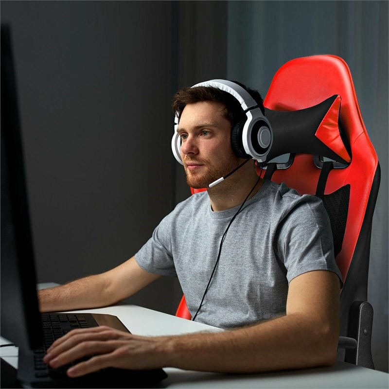 Pemberly Row Contemporary PU and Iron Massage Gaming Chair with Footrest in Red