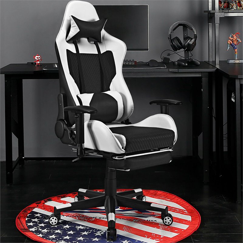 Pemberly Row PU and Iron Massage Gaming Chair with Footrest in White