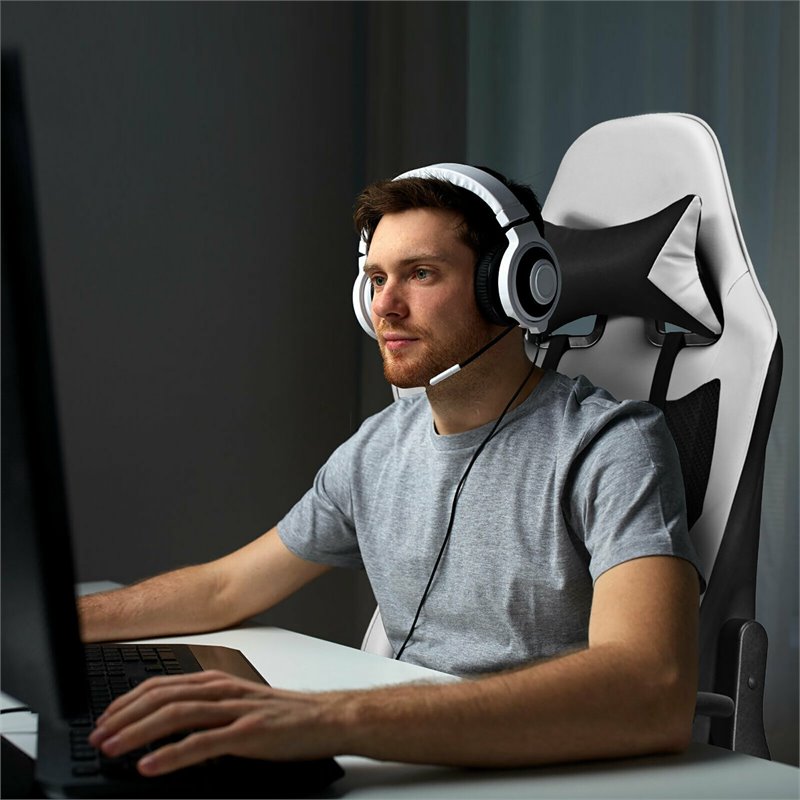 Pemberly Row PU and Iron Massage Gaming Chair with Footrest in White