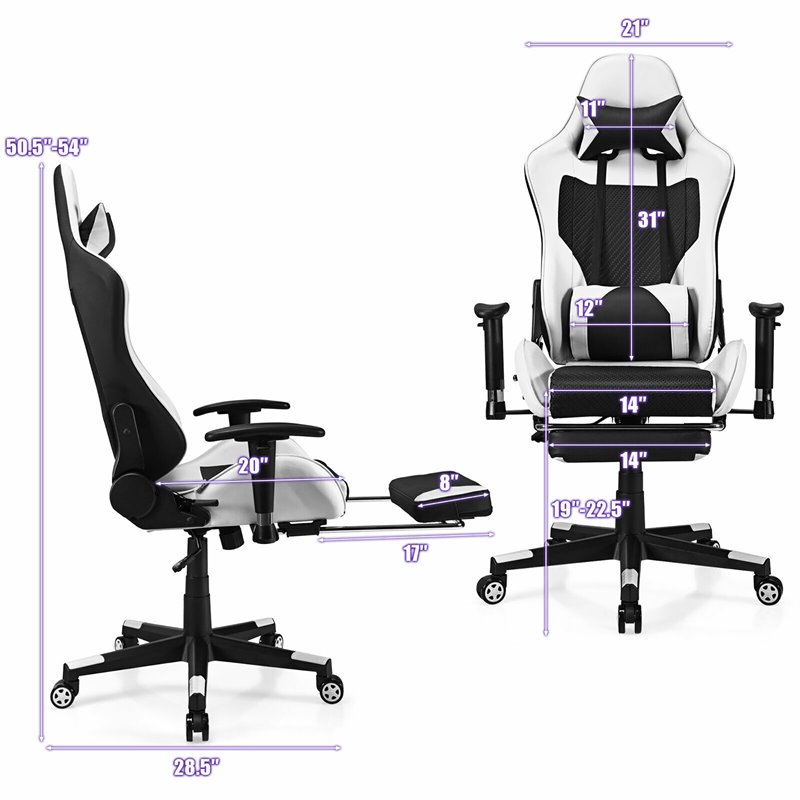 Pemberly Row PU and Iron Massage Gaming Chair with Footrest in White