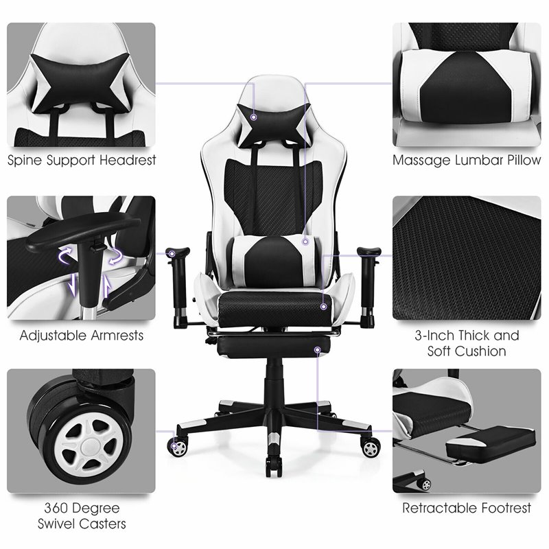 Pemberly Row PU and Iron Massage Gaming Chair with Footrest in White