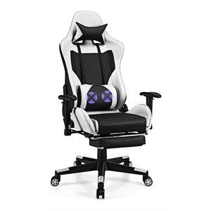 Pemberly Row PU and Iron Massage Gaming Chair with Footrest in White